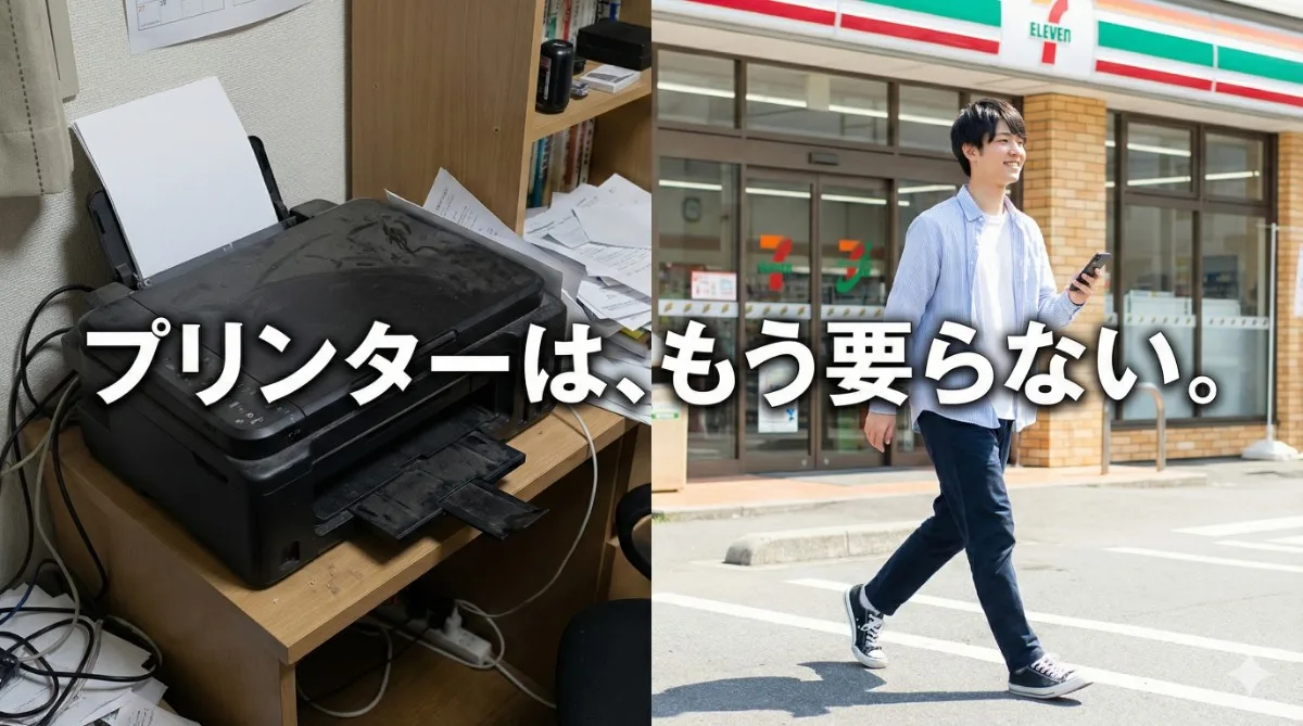 プリンターは、もう要らない。狭い部屋で場所を取るプリンターと、スマホ一つでコンビニへ向かう軽快な大学生の対比画像。