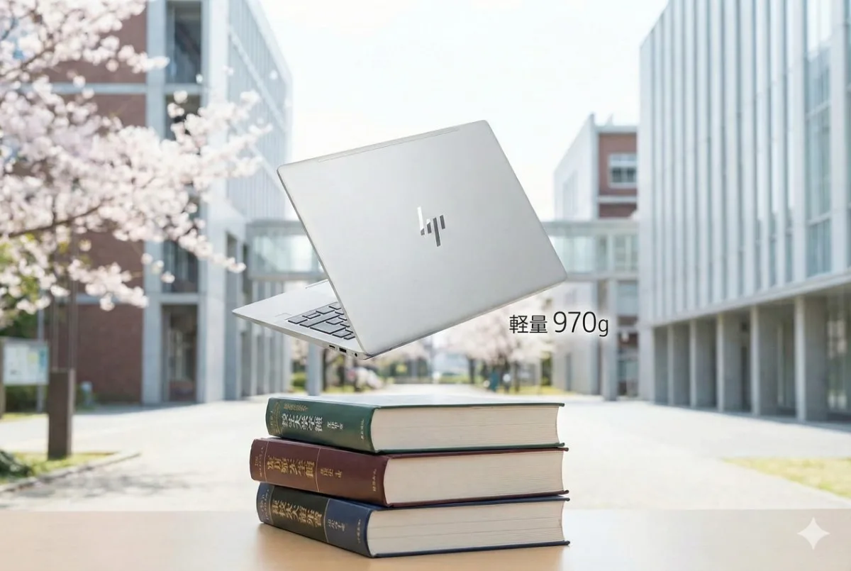 桜が咲く大学キャンパスを背景に、分厚い教科書の上に軽やかに浮かぶシルバーのノートパソコン「HP OmniBook 7 Aero 13」。「軽量 970g」のテキストが添えられている。