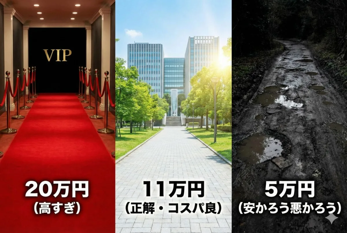 大学生用パソコンの3つの価格帯を示すインフォグラフィック。左は「20万円（高すぎ）」の豪華なVIP通路、中央は「11万円（正解・コスパ良）」の快適なキャンパスへの道、右は「5万円（安かろう悪かろう）」の荒れた泥道。