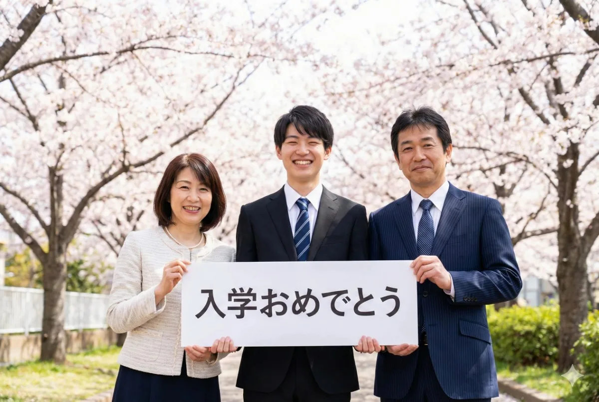 満開の桜の下、大学の入学式で新しいスーツを着た男子学生と、その両親が「入学おめでとう」の看板を持って笑顔で写真に写っている様子。