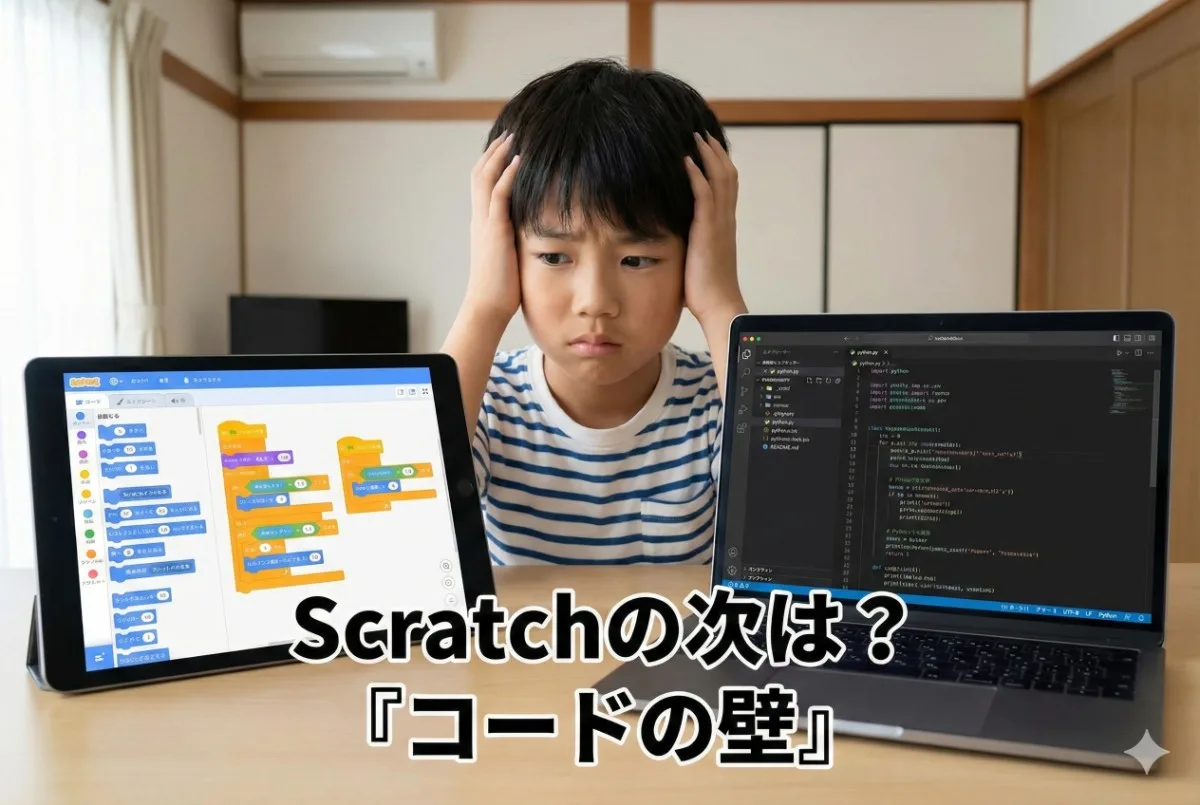 Scratchの次は？『コードの壁』。タブレットのScratch画面と、ノートPCの複雑なPythonコードの間で、頭を抱えて悩む日本の小学生。