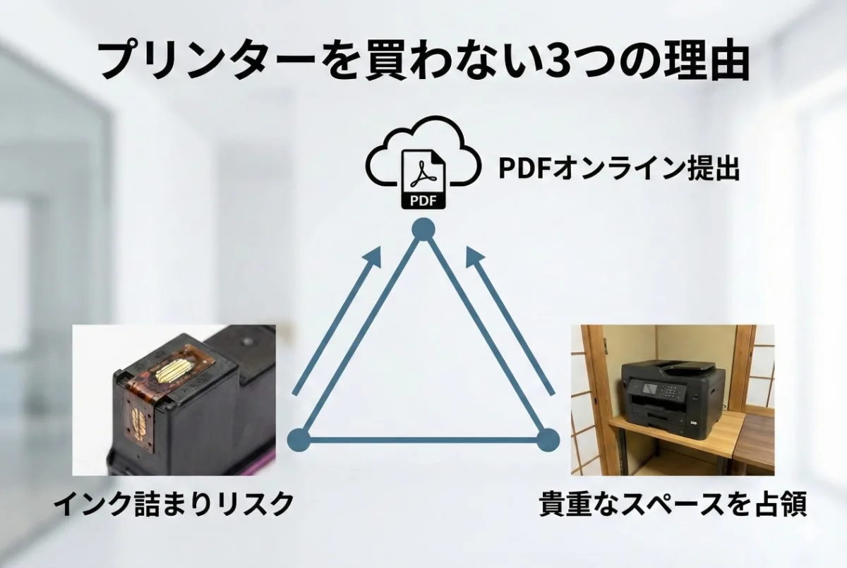 プリンターを買わない3つの理由。PDFオンライン提出、インク詰まりリスク、貴重なスペースを占領を示す図解インフォグラフィック。