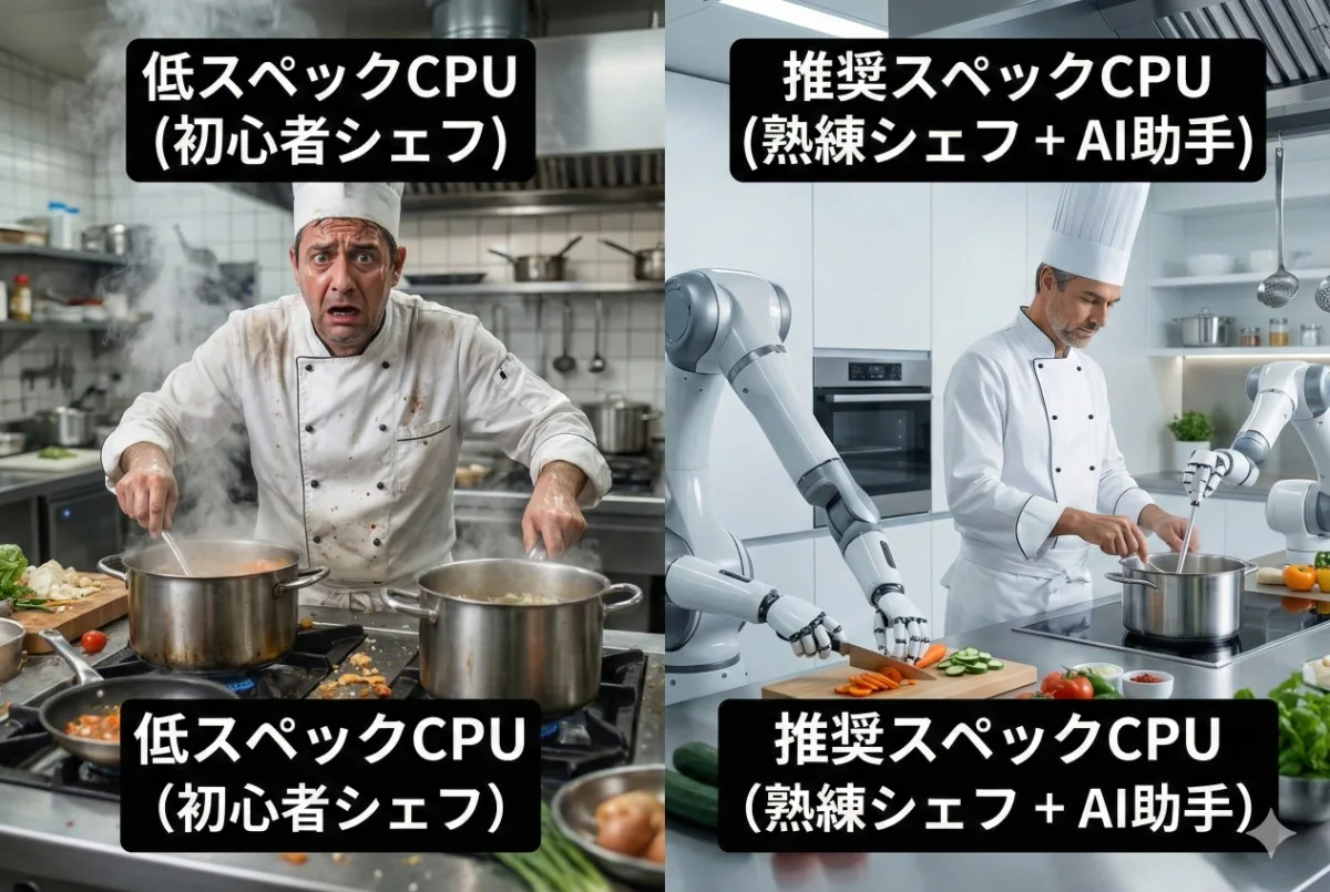 パソコンのCPU性能をシェフに例えた実写比較写真。低スペックCPUは初心者シェフが忙殺される様子、推奨スペックCPUは熟練シェフとAIロボットが効率よく調理する様子。