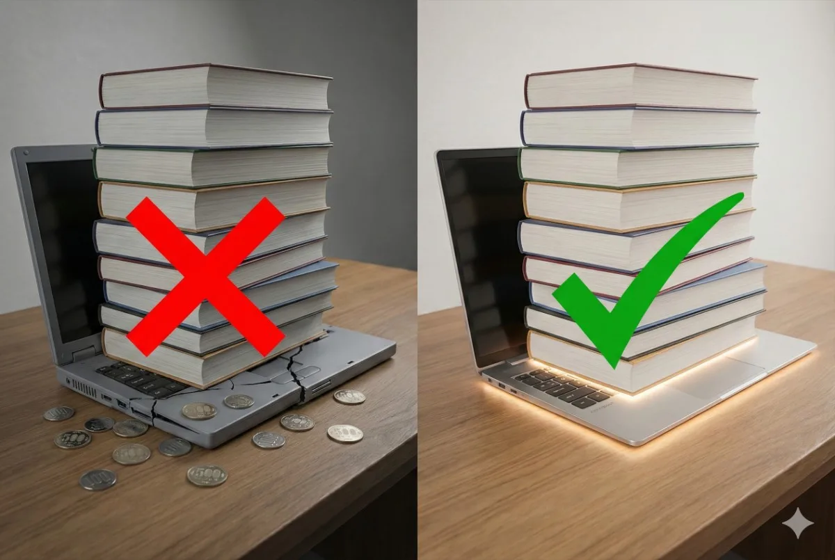 5万円の安物パソコンが本の重みで壊れ小銭が散乱する様子と、11万円の正解パソコンが頑丈で長持ちする様子を比較した実写合成写真。