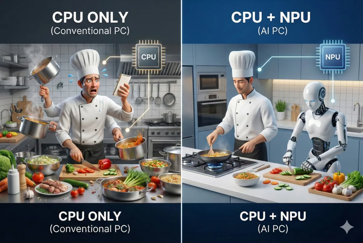 CPU単独で忙殺されるシェフ（従来のPC）と、NPU搭載ロボットの支援で効率的に調理するシェフ（AI PC）の違いを示す比較概念図。