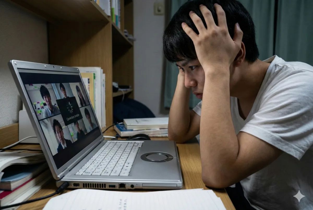 狭い寮の部屋で、古いノートパソコンのビデオ通話がフリーズしてしまい、頭を抱えてストレスを感じている日本の男子大学生。