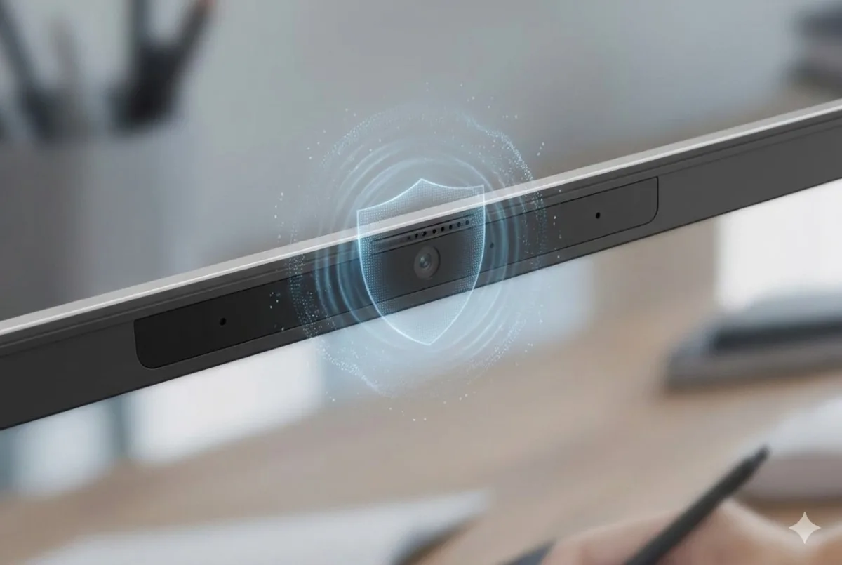 HP OmniBook 7 Aero 13のWebカメラとマイクのクローズアップ写真。AIによるノイズキャンセリング機能を示す青いシールドの視覚効果が重なっている。