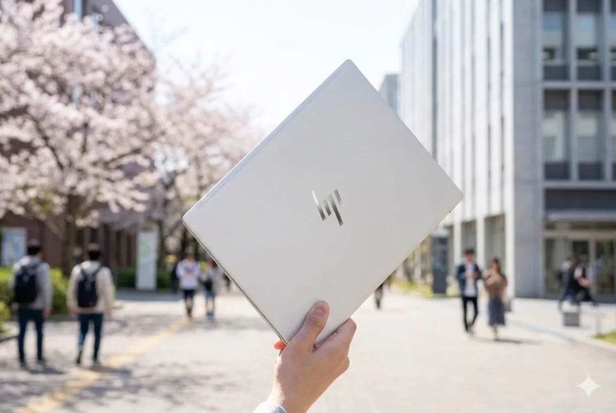 桜が咲く日本の大学キャンパスで、非常に薄くて軽いシルバーのノートパソコン、HP OmniBook 7 Aero 13を片手で軽々と持つ学生の手。