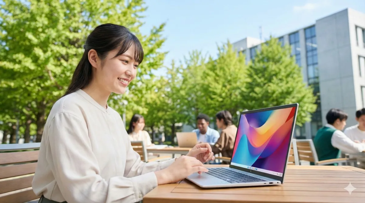 新緑の大学キャンパスのカフェで、スリムな最新AIノートパソコンを操作しながら自信に満ちた笑顔を見せる日本の女子大学生。