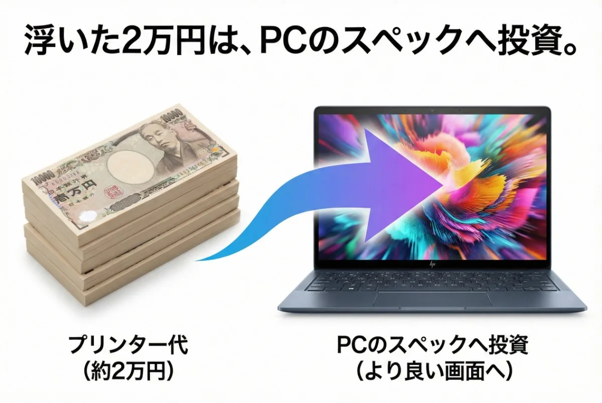 浮いた2万円は、PCのスペックへ投資。プリンター代の約2万円が、より良い画面のノートPCへの投資に変わる様子を示すインフォグラフィック。