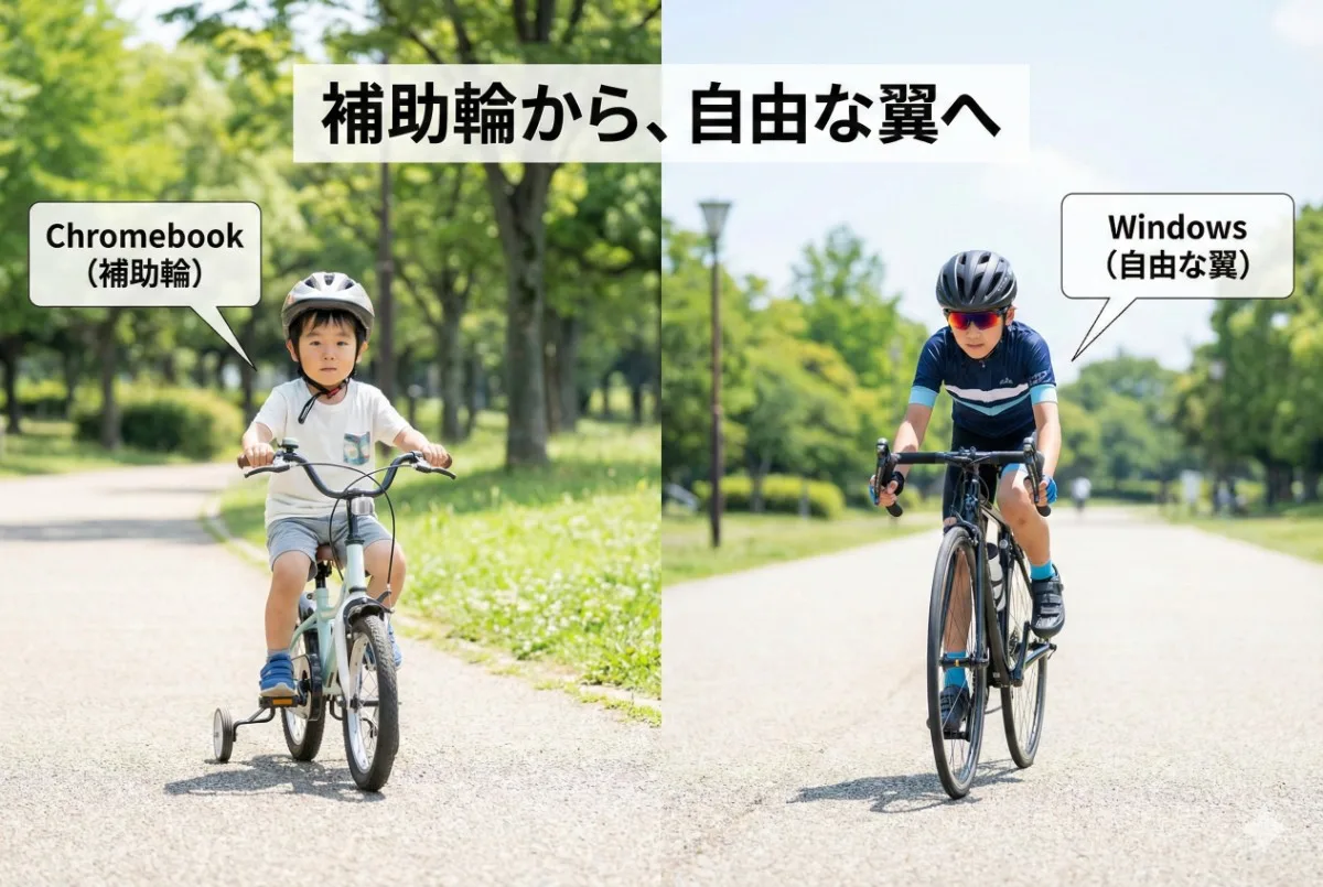 補助輪（Chromebook）から、自由な翼（Windows）へ。補助輪付き自転車に乗る幼児と、ロードバイクで自由に走る少年の比較画像。