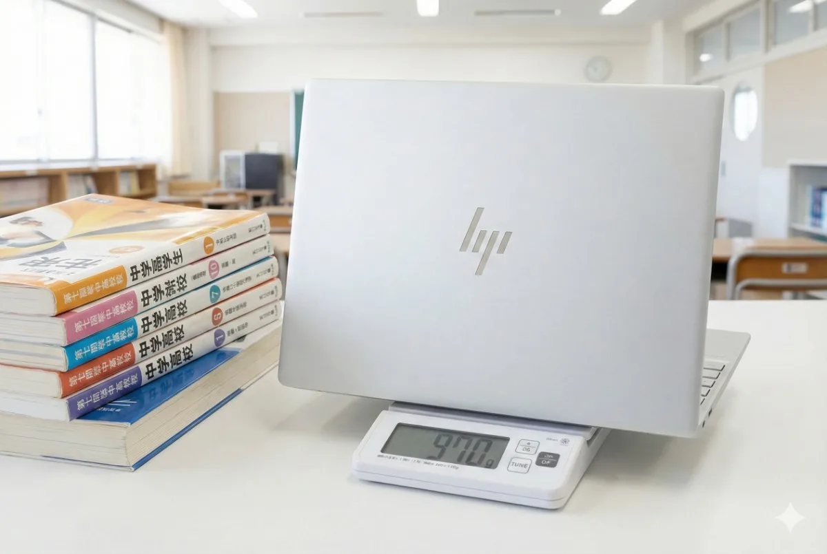 日本の中学校の教室で、デジタルスケールに乗せたHP OmniBook 7 Aero 13(970g)と、積み上げられた教科書の重さを比較している写真。HPの新しいロゴが見える。