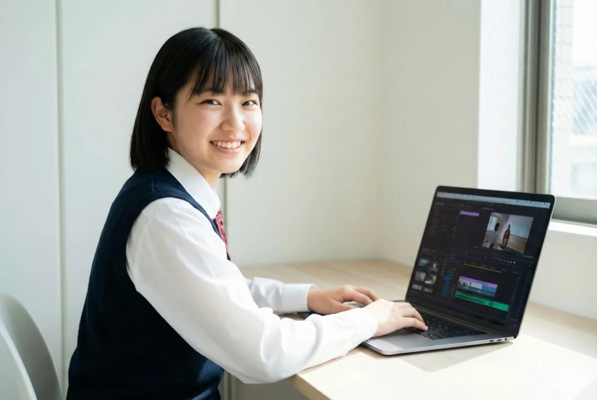 明るい部屋で、高性能ノートパソコンを使って動画編集作業をしている、自信に満ちた笑顔の日本の女子高生。