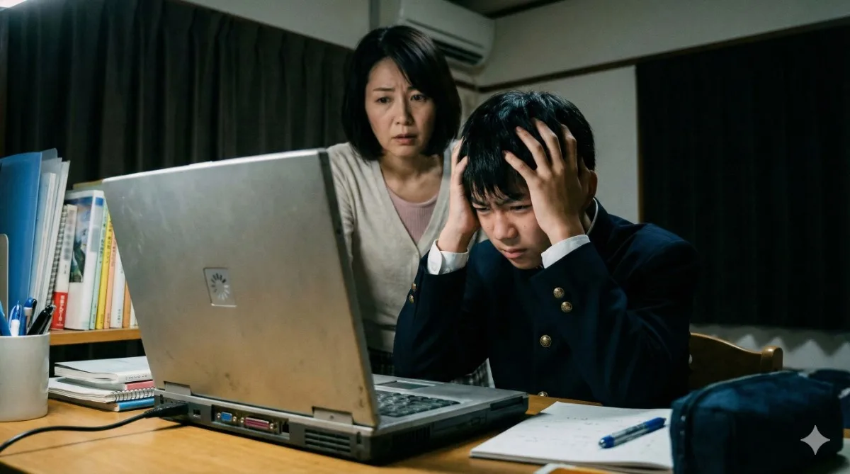 自宅の学習机で、フリーズした古いノートパソコンの前で頭を抱える男子中学生と、その背後で心配そうに見つめる母親の様子。