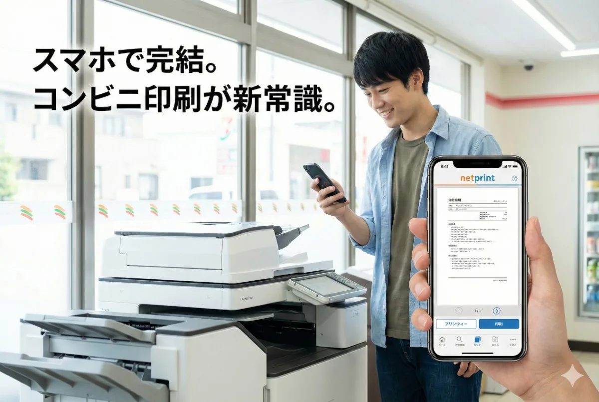 スマホで完結。コンビニ印刷が新常識。セブンイレブンのマルチコピー機の前で、スマホアプリ「netprint」を操作する大学生。