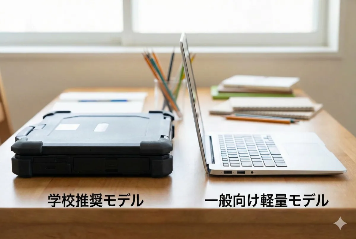 日本の学習机の上に並べられた2台のノートパソコン。「学校推奨モデル」と書かれた厚くて重そうな黒いPCと、「一般向け軽量モデル」と書かれた薄くてスタイリッシュな銀色のPCの比較。