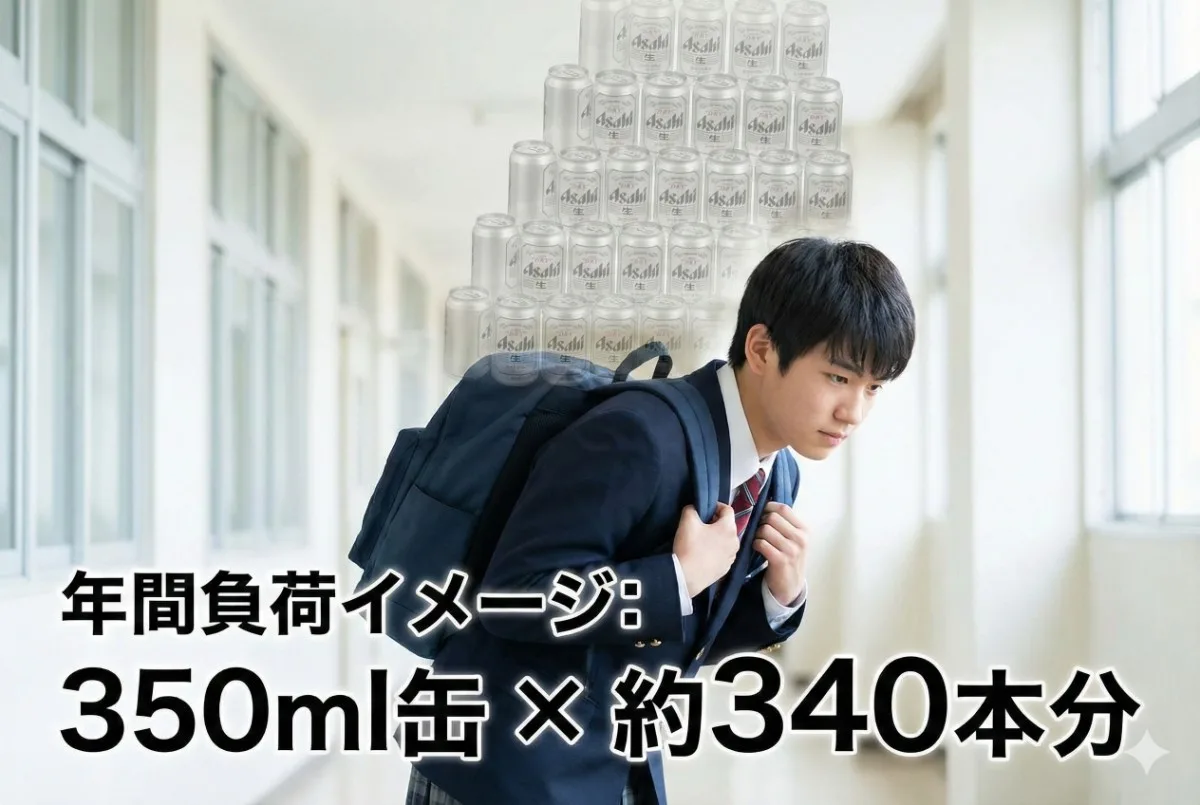 学校の廊下で重いリュックを背負う男子高校生。その肩の上に、負担のメタファーとして幽霊のように積み上がった大量の350ml缶と、「年間負荷イメージ: 350ml缶 × 約340本分」というテキストが表示されている。