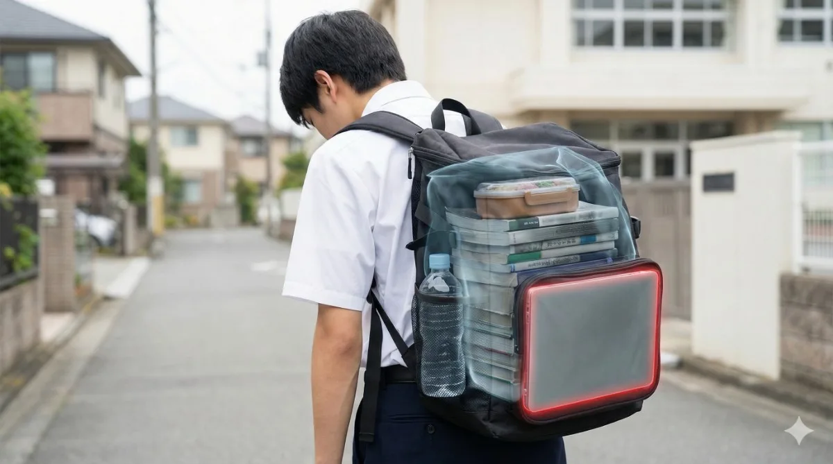 重いリュックを背負い、疲れ切った様子の日本の男子高校生の後ろ姿。レントゲン表現で、リュックの中の教科書、弁当、そして赤く強調された重いノートパソコンが透けて見えている。
