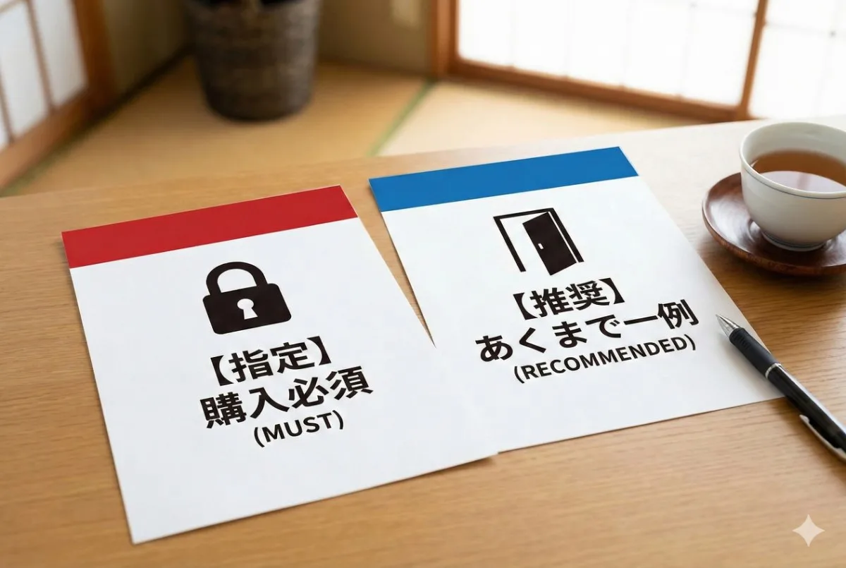 「【指定】購入必須」と書かれた赤い書類と、「【推奨】あくまで一例」と書かれた青い書類が机の上に並んでいる写真。