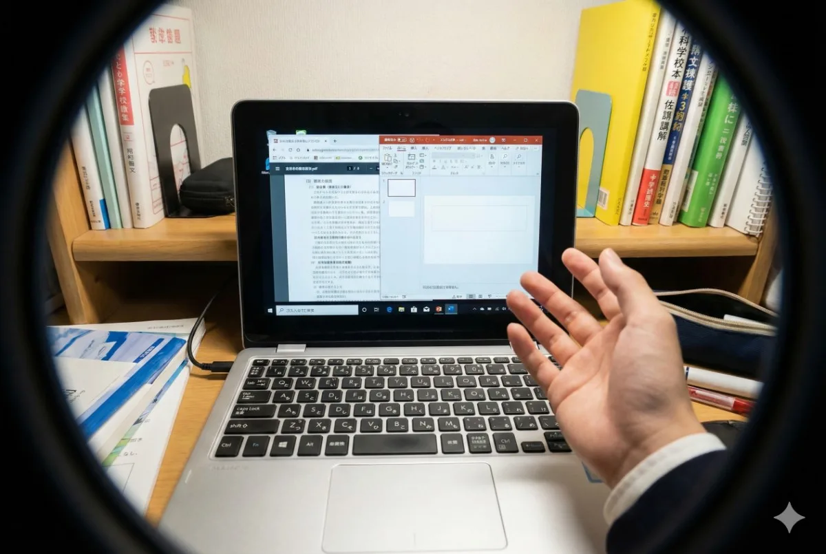 狭い学習机で、画面の小さなノートPCに教科書と作業ウィンドウが重なり、使いにくそうに手を広げる高校生の視点写真。
