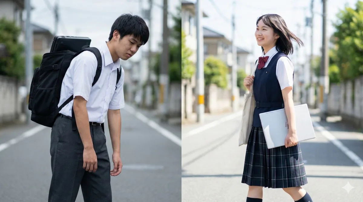 重い学校推奨ノートPCが入ったリュックで疲れた男子高校生と、軽いOmniBookを小脇に抱えて笑顔で歩く女子高校生の対比写真。