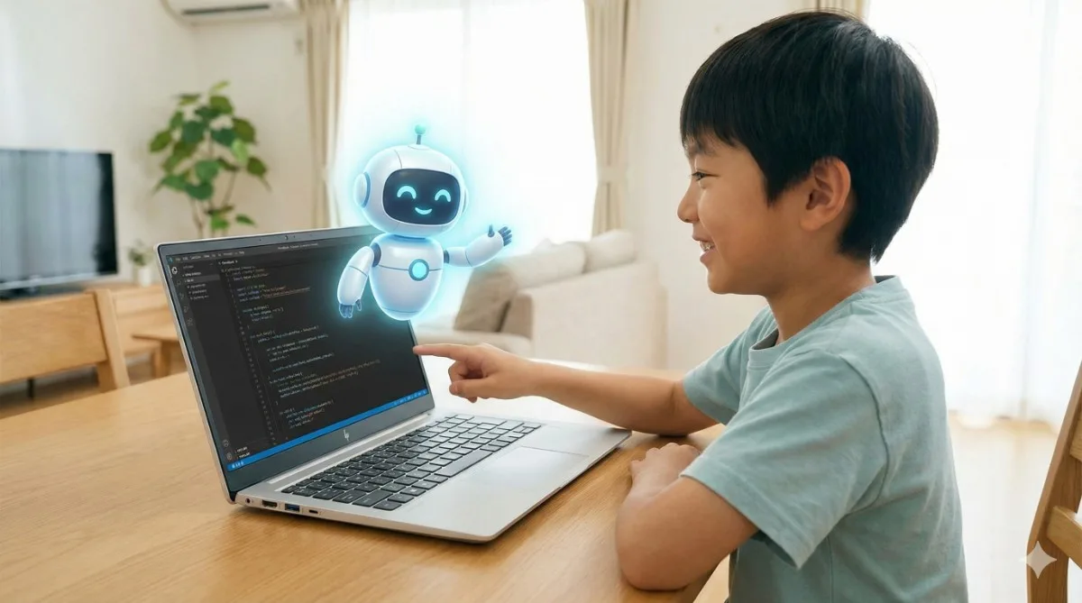 プログラミング、AIが家庭教師。HP OmniBookの画面からAIロボットが飛び出し、日本の小学生にコードを教えている様子。