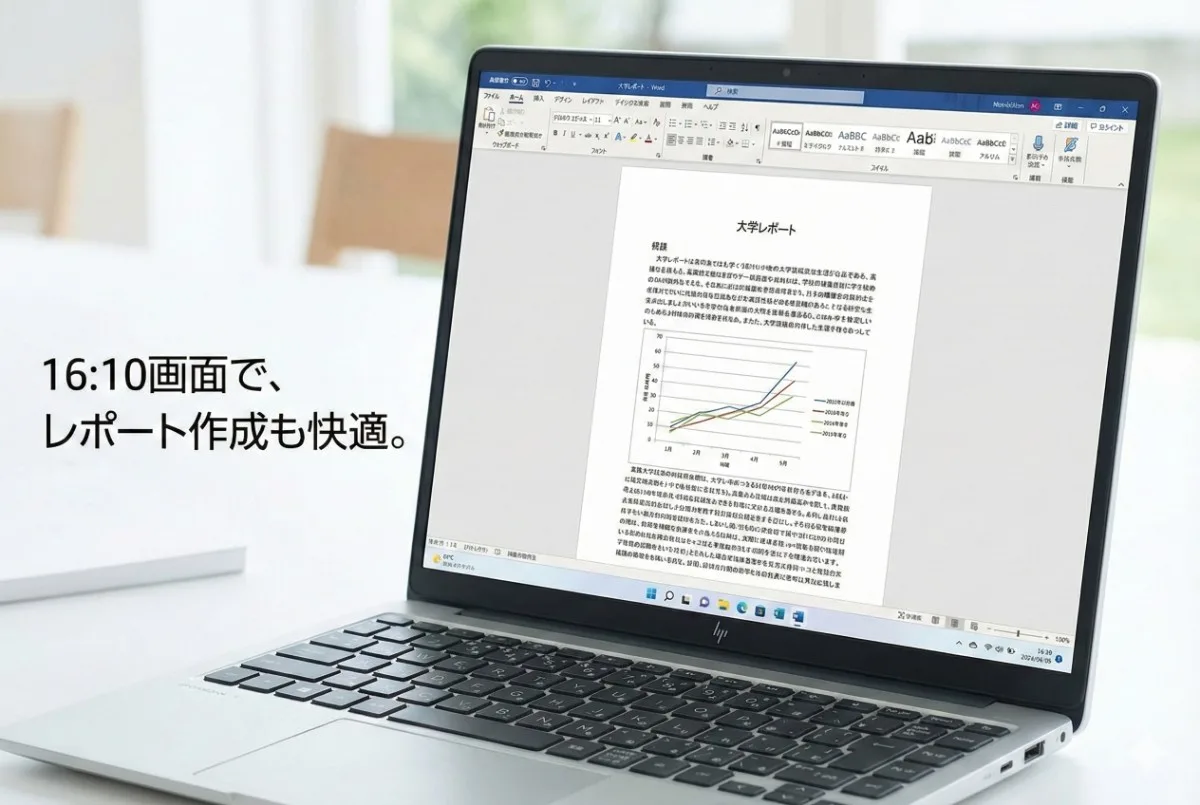16:10画面で、レポート作成も快適。HP OmniBook 7 Aero 13の縦長画面に、Wordのレポートが広く表示されている様子。