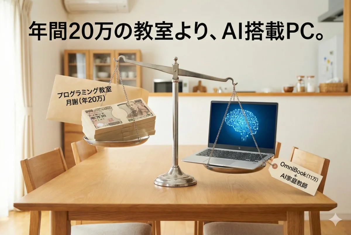 年間20万の教室より、AI搭載PC。天秤で、高額なプログラミング教室の月謝の束よりも、AI搭載のHP OmniBookの方が賢い選択であることを示す比較画像。