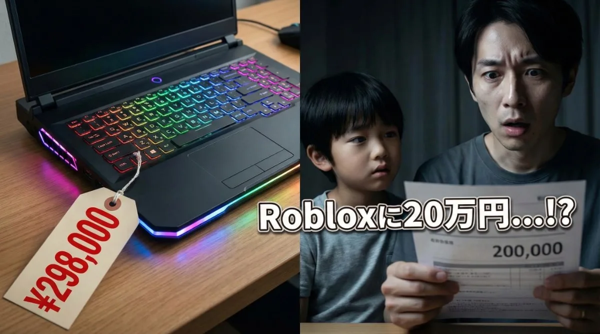 左側に分厚くて光るゲーミングPCと高い値札。右側に悩む親子の顔アップ。