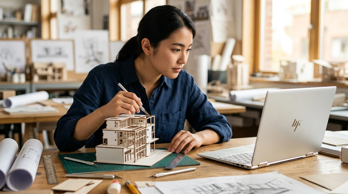 建築模型の微調整と3D CAD設計画面を操作する女性建築学生と薄型ノートパソコン