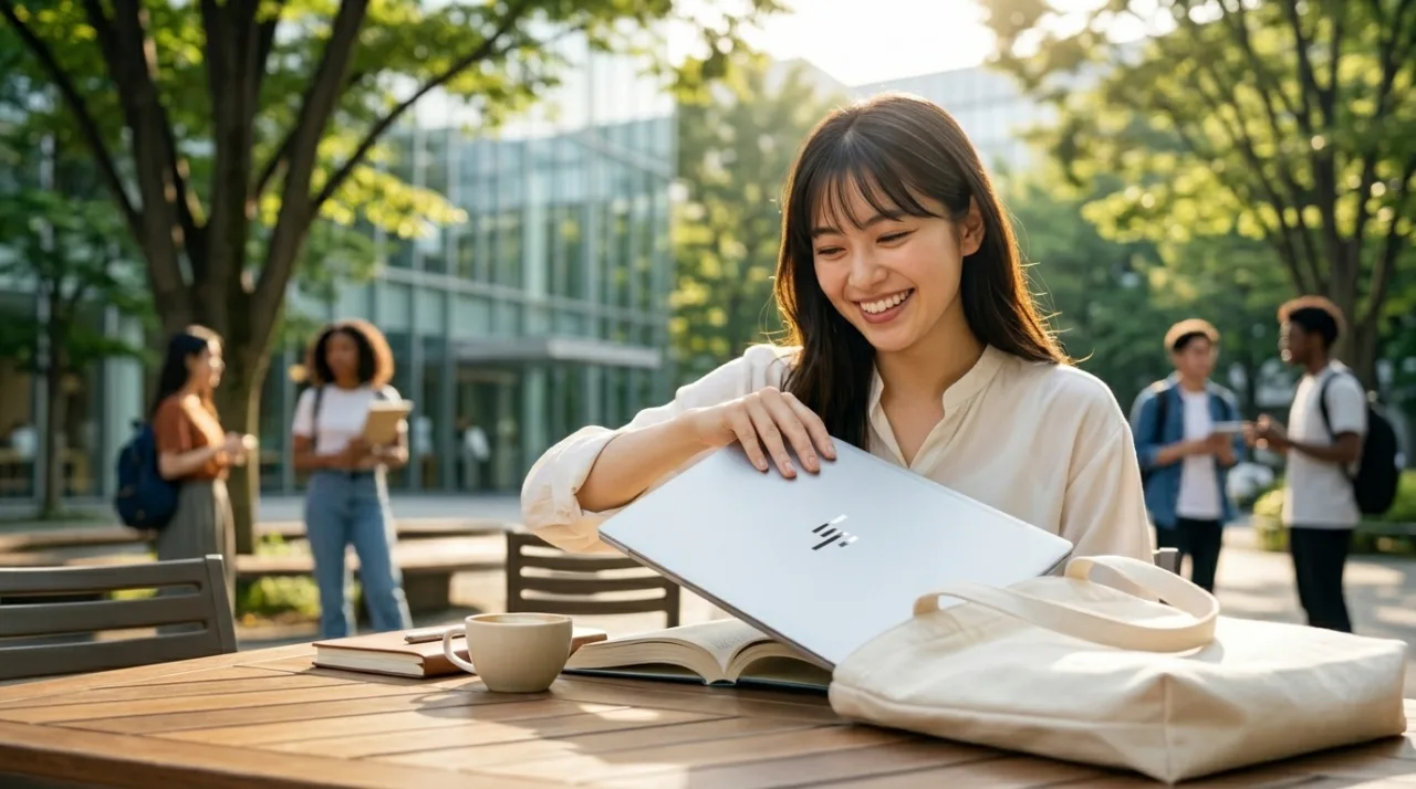 学生パソコン選定ガイド 女子大生がトートバッグから軽量HP OmniBookを取り出す様子