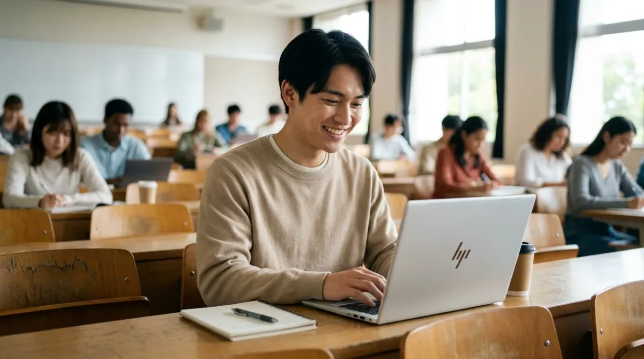 学生パソコン選定ガイド 大講義室で軽快にレポートを作成する男子大学生アイキャッチ
