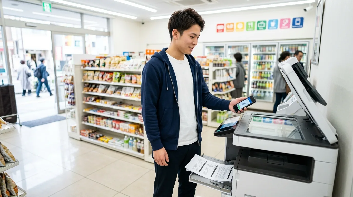 大学生が自宅プリンターを持たずにコンビニ印刷を活用する様子