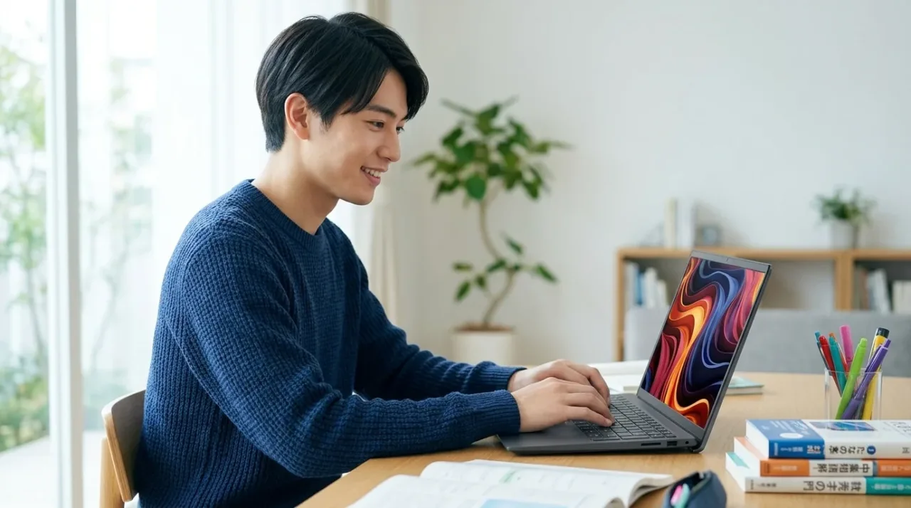 Dell 15 ノートパソコン 15.6型大画面で自宅レポート作成する大学生アイキャッチ