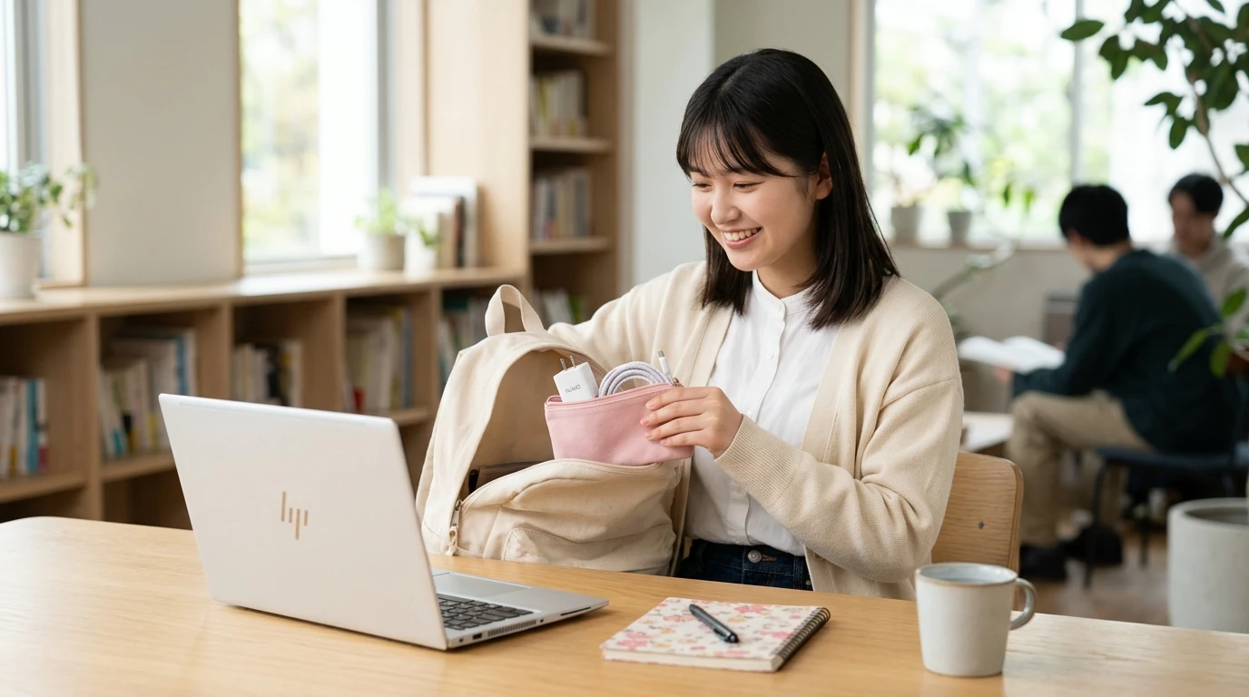 小型USB-C充電器とケーブルをポーチにすっきり収納して通学準備をする女子大学生