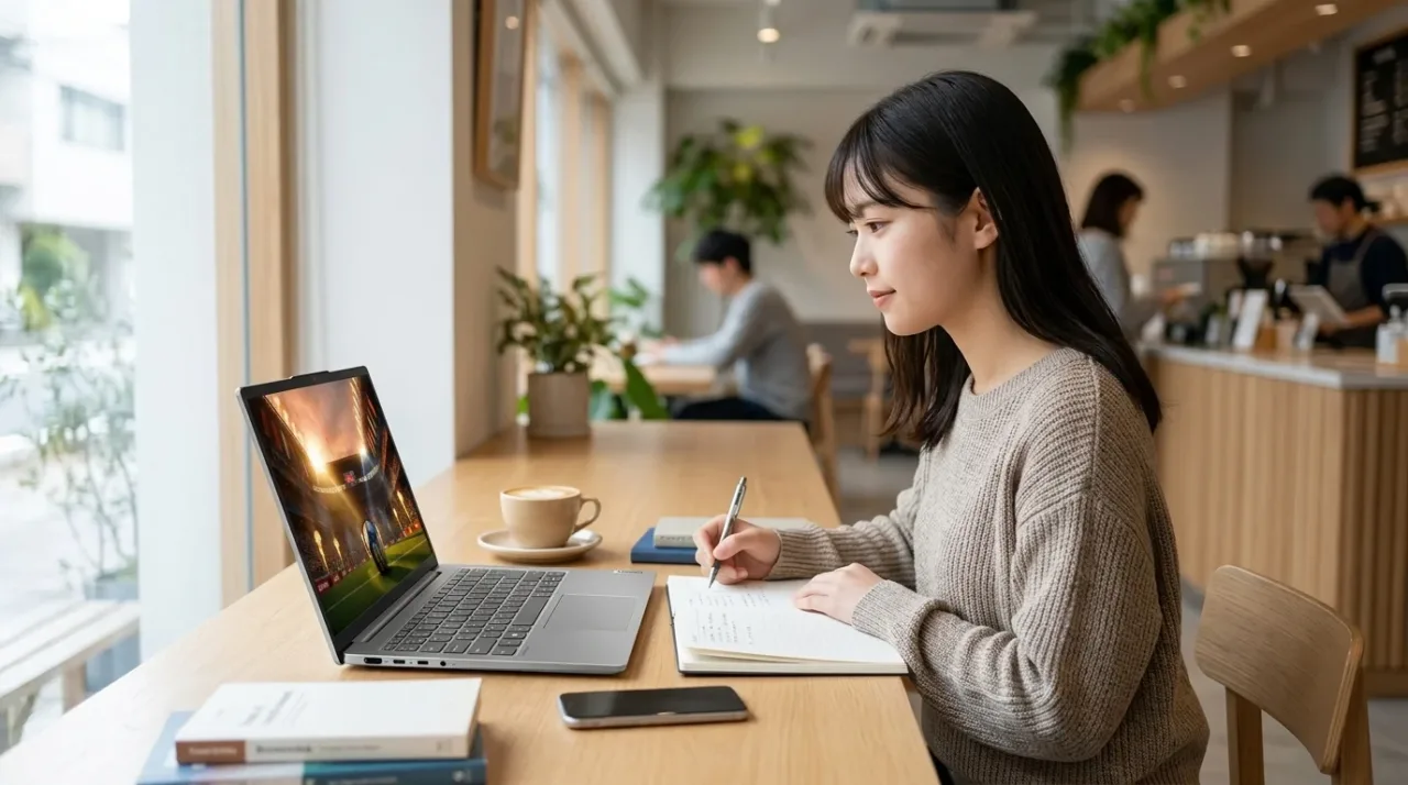 Lenovo IdeaPad Slim 5 14型 有機ELノートPCでカフェ学習する大学生アイキャッチ