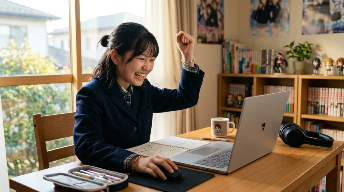 自分で作ったゲームの完成にガッツポーズで喜ぶ中学生とノートパソコン