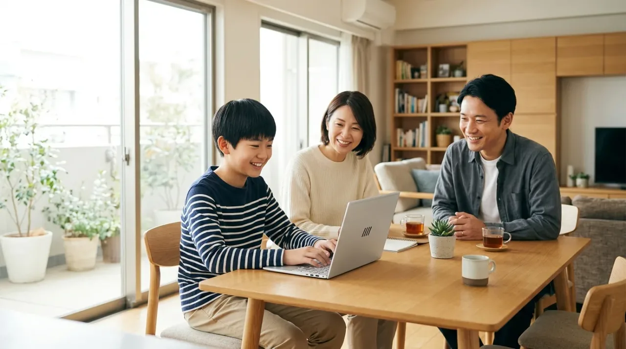 学生パソコン選定ガイド リビングで家族に見守られながらPCを使う中学生アイキャッチ