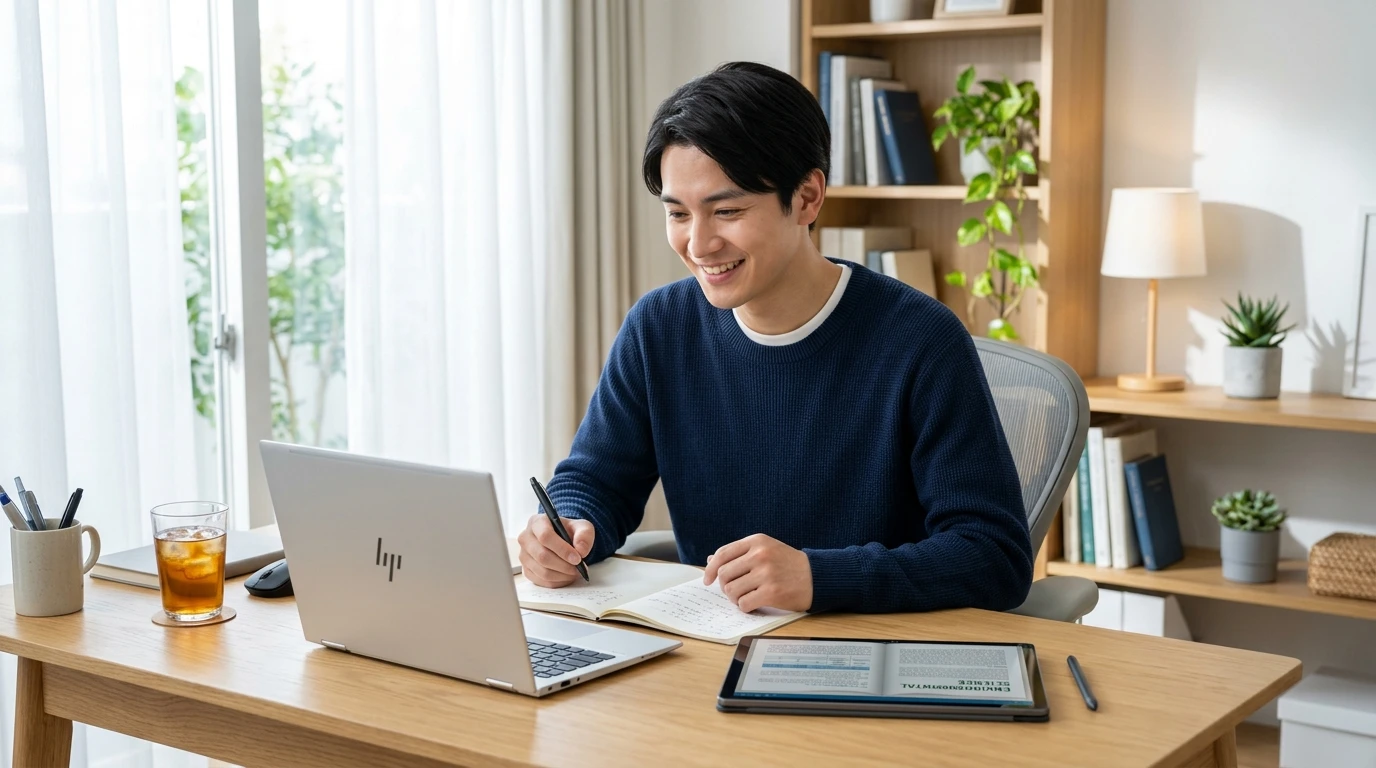 ノートパソコンとタブレットを賢く併用して快適に勉強する大学生