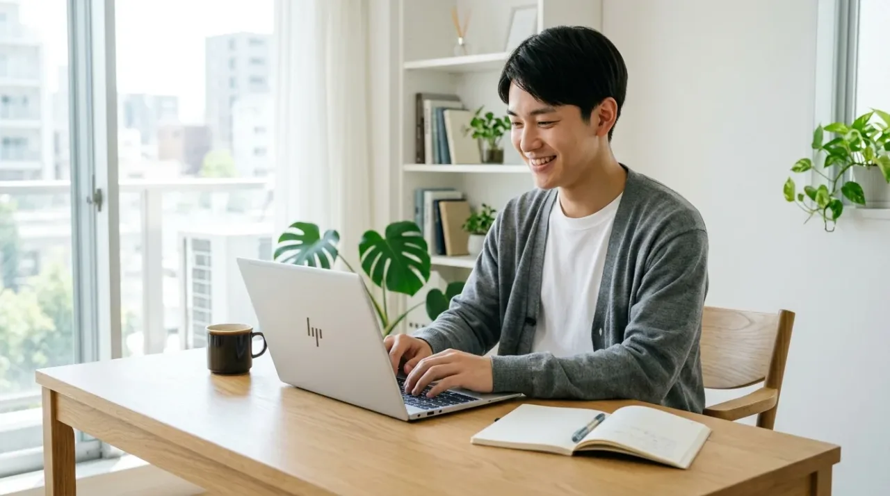 学生パソコン選定ガイド プリンターのないすっきりした机で快適にレポート作成する大学生アイキャッチ