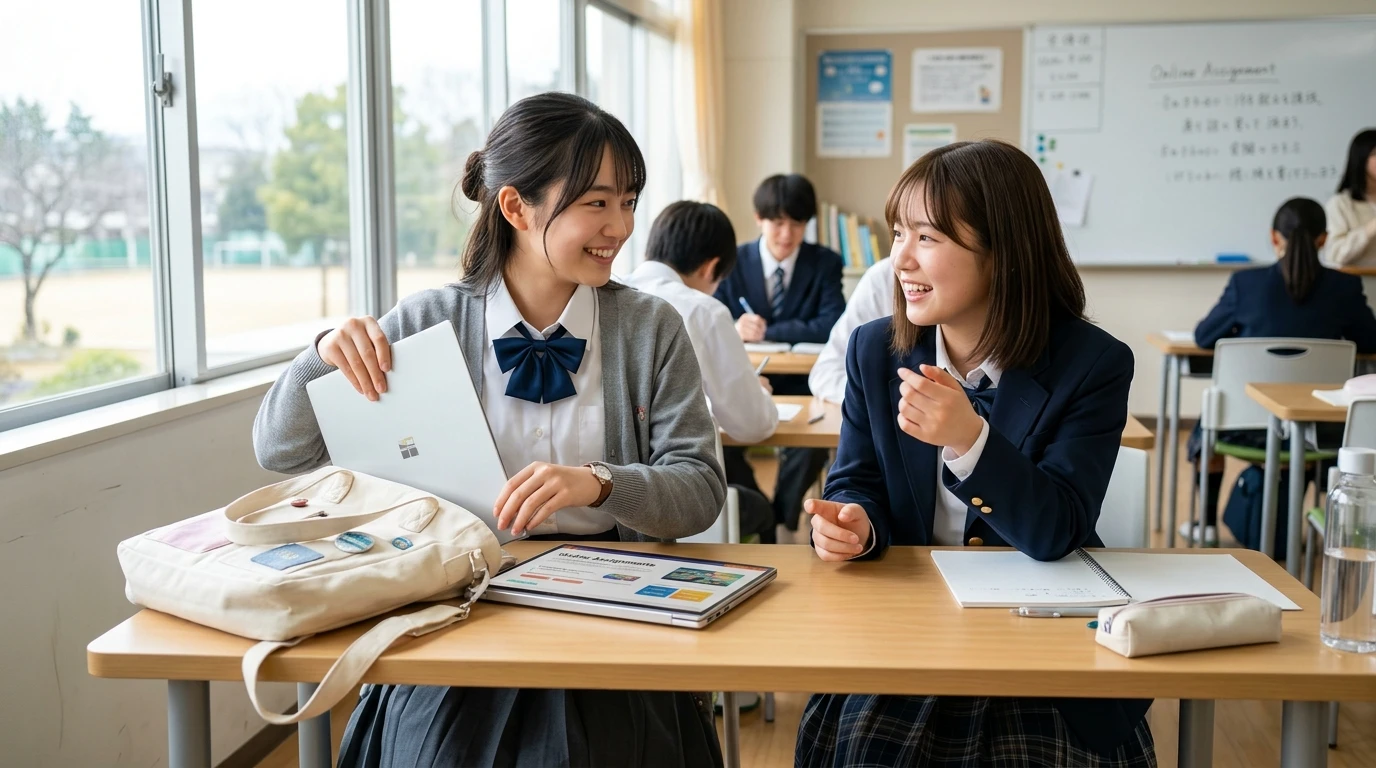 スクーリング登校日の教室でトートバッグからノートパソコンを取り出し友達と課題を共有する女子高校生