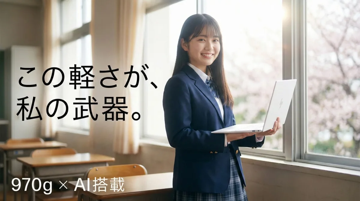 知的で清潔感のある女子高生。教室の窓際（自然光）で、セラミックホワイトの「OmniBook 7 Aero」を片手で軽々と持ち、自信に満ちた笑顔でこちらを見ている。