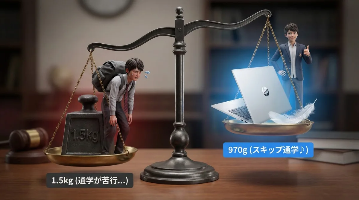 Subject: 巨大な天秤（てんびん）。片方には重そうな「鉄塊（1.5kg）」と汗をかいて疲弊する学生。もう片方には「羽（OmniBook）」と涼しい顔の学生。