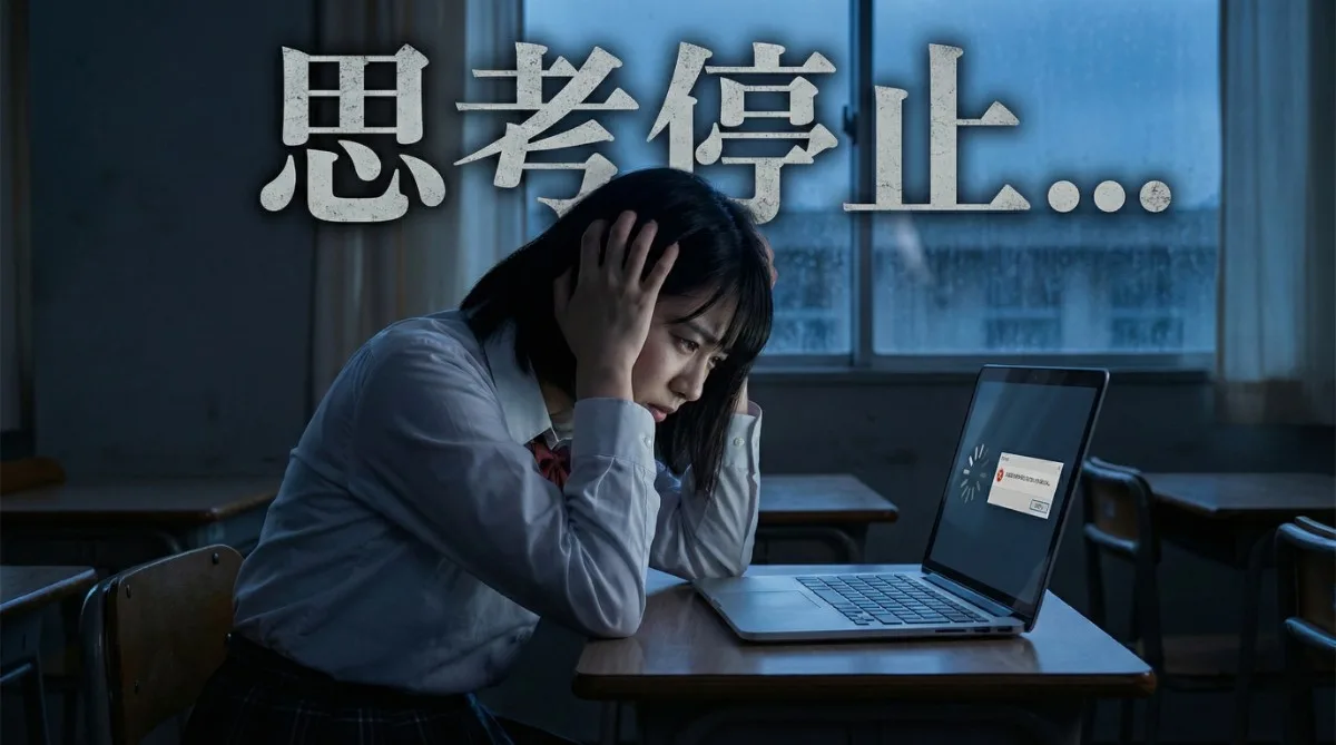 薄暗い放課後の教室。PCがフリーズして頭を抱え、絶望している女子高校生。