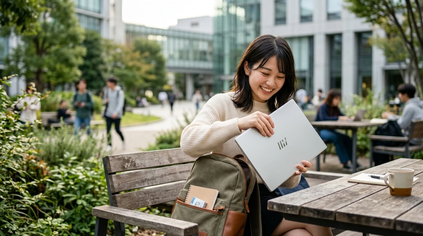 通学リュックからスリムな13.3型ノートパソコンを軽々と取り出す女子大学生