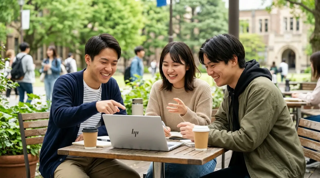 学生パソコン選定ガイド キャンパステラスでノートPCを囲んで議論する大学生アイキャッチ