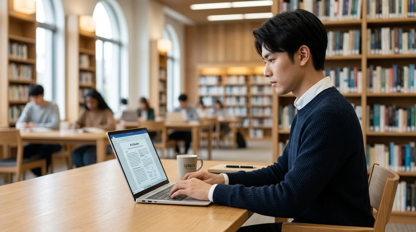 海外大学の図書館でレポート作成や英文PDF閲覧を快適に行うノートパソコン