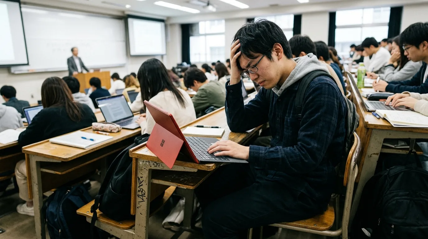 大学の狭い講義机でSurface Proのキックスタンドがはみ出し倒れそうになる様子