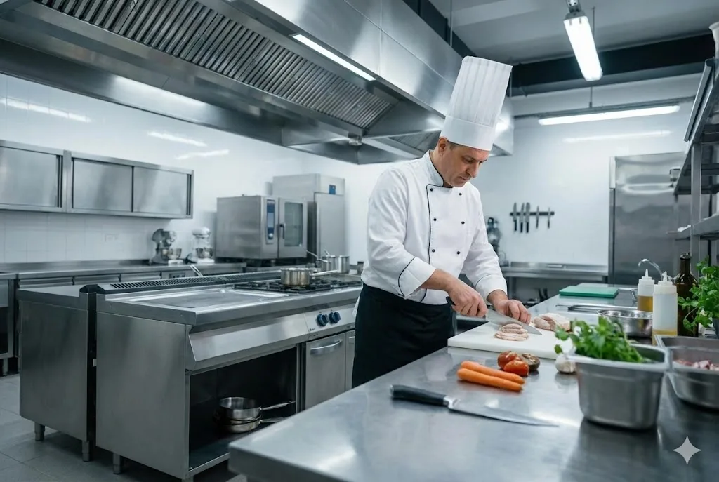 清潔で広々としたステンレス製の業務用キッチンで、コックコートを着たプロのシェフが食材を調理している様子。手元にフォーカスが当たり、活気ある調理現場の雰囲気が伝わる。