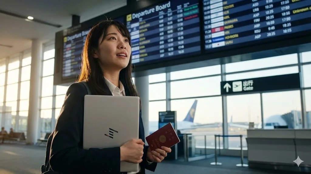 国際空港の出発ロビーで、4本線ロゴが入った銀色のHP OmniBook 7 Aero 13ノートパソコンを手に持ち、電光掲示板を見上げる日本の女子大学生。